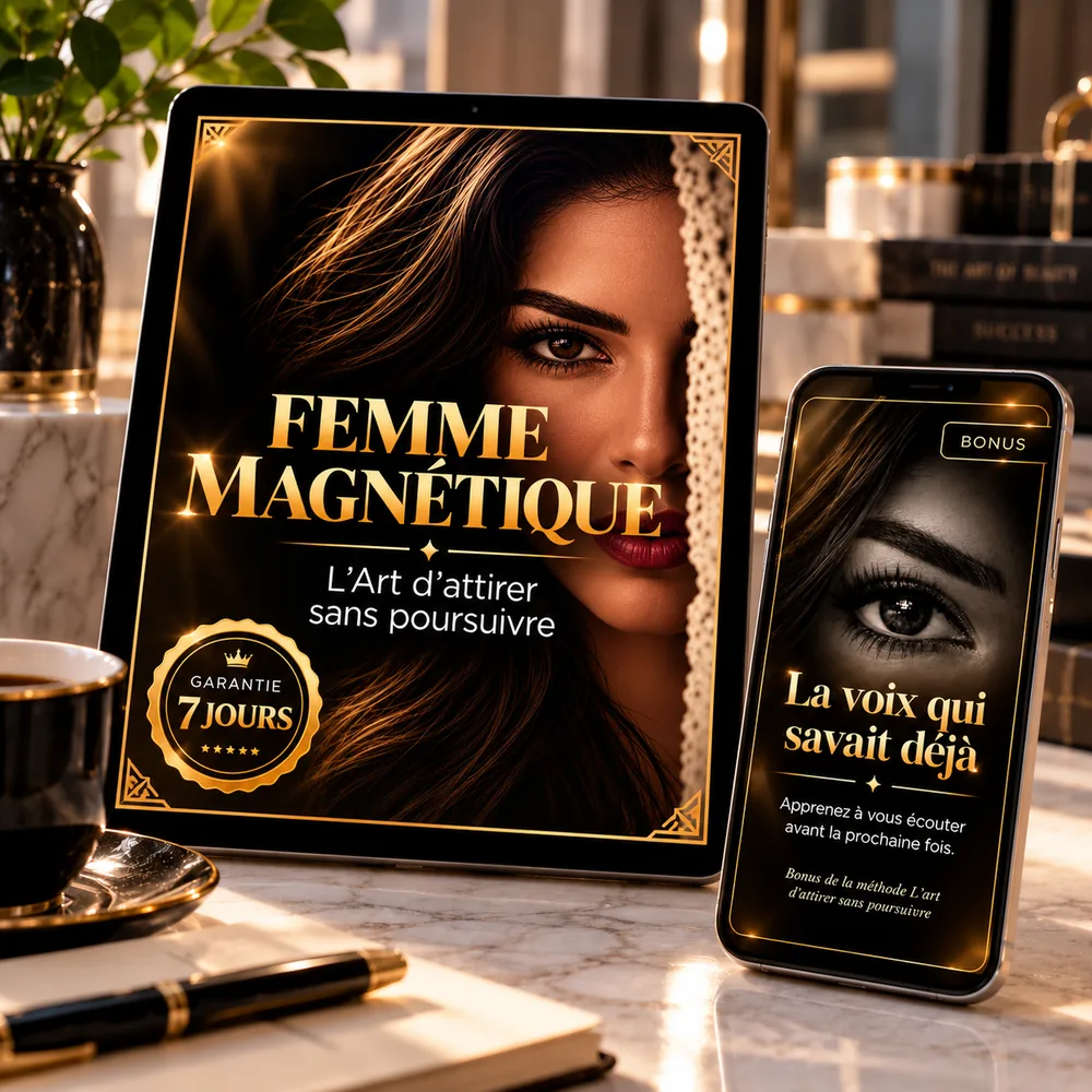 Le guide Femme Magnétique sur une tablette et le bonus La voix qui savait déjà sur un téléphone